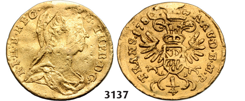 05.05.2013, Auction 2/3137. Transylvania, Maria Theresia, 1740-1780, ¼ Ducat 1776-H/G, Karlsburg, GOLD
