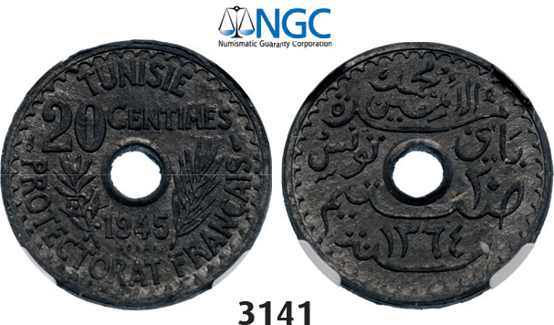 05.05.2013, Auction 2/3141. Tunisia, French Protectorate, 1881-1955, ESSAI PIEFORT 20 Centimes 1945-A, Zinc, NGC MS61