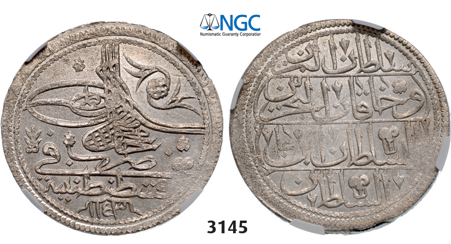 05.05.2013, Auction 2/3145. Turkey, Mahmud I, AH1143-1168 (1730-1754 AD), Kurus AH1143 (1730) Kostantiniye (Istanbul) Silver, NGC MS63