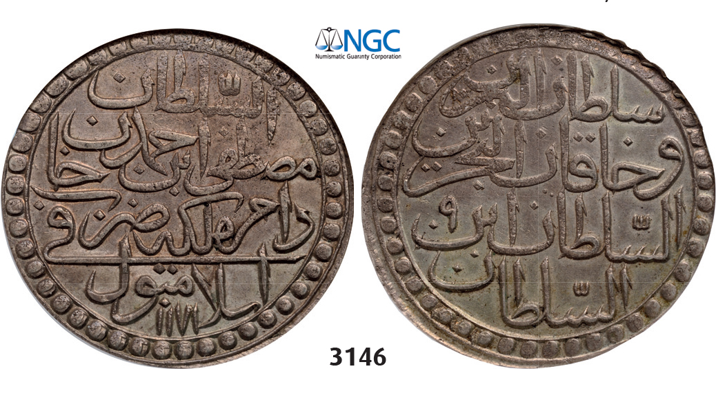 05.05.2013, Auction 2/3146. Turkey, Mustafa III, AH1171-1187 (1757-1774 AD), 2 Zolota AH1171 "Year 9" (1765) Kostantiniye (Istanbul) Billon, NGC AU58