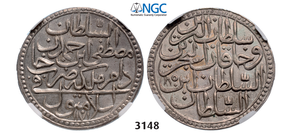 05.05.2013, Auction 2/3148. Turkey, Mustafa III, AH1171-1187 (1757-1774 AD), Zolota AH1171 "Year 11/85" (1767) Kostantiniye (Istanbul) Billon, NGC UNC