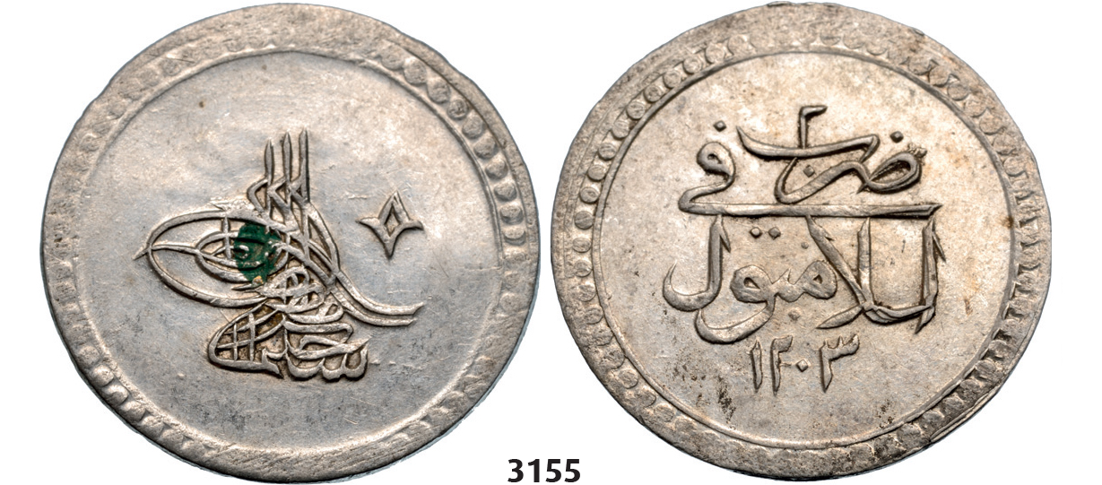 05.05.2013, Auction 2/3155. Turkey, Selim III, AH1203-1222 (1789-1807 AD), Yirmilik (20 Para) AH1203 "Year 2" (1790) Islambul (Instanbul) Silver