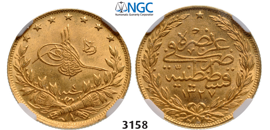 05.05.2013, Auction 2/3158. Turkey, Muhammad V, AH1327-1336 (1909-1918 AD), 100 Kurus AH1327/4 (1912 AD) Kostantiniye (Instanbul) GOLD, NGC MS64