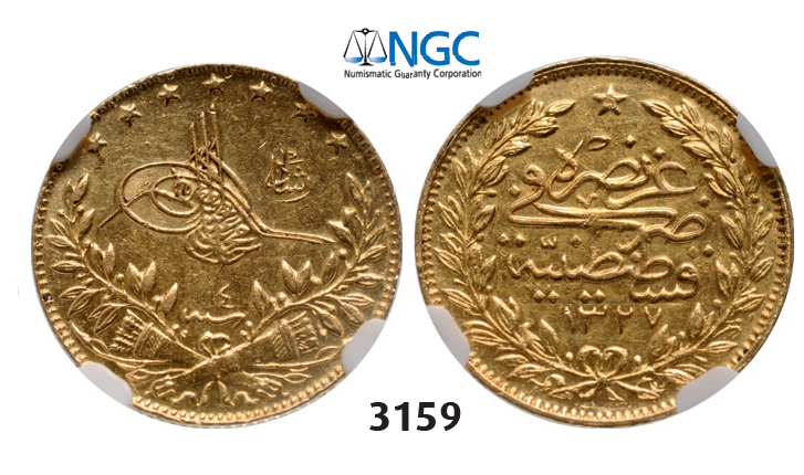 05.05.2013, Auction 2/ 3159. Turkey, Muhammad V, AH1327-1336 (1909-1918 AD), 50 Kurus AH1327/4 (1912 AD) Kostantiniye (Instanbul) GOLD, NGC AU55