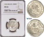 A5/129 Brazil, 2000 Reis 1926, Rio de Janeiro Mint, Silver, KM# 526, NGC MS66, Top Pop! (Highest graded)