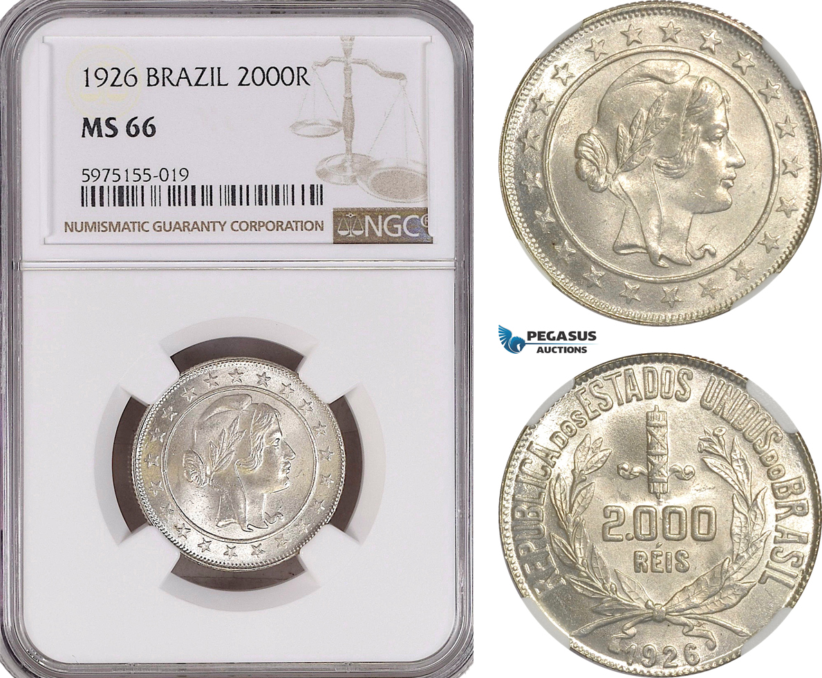 A5/129 Brazil, 2000 Reis 1926, Rio de Janeiro Mint, Silver, KM# 526, NGC MS66, Top Pop! (Highest graded)