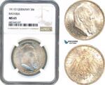 A7-232, Germany, Bavaria, Luitpold, Prince Regent, 3 Mark 1911 D, Munich Mint, Silver, J. 49, On his Birthday, Blast white! NGC MS65