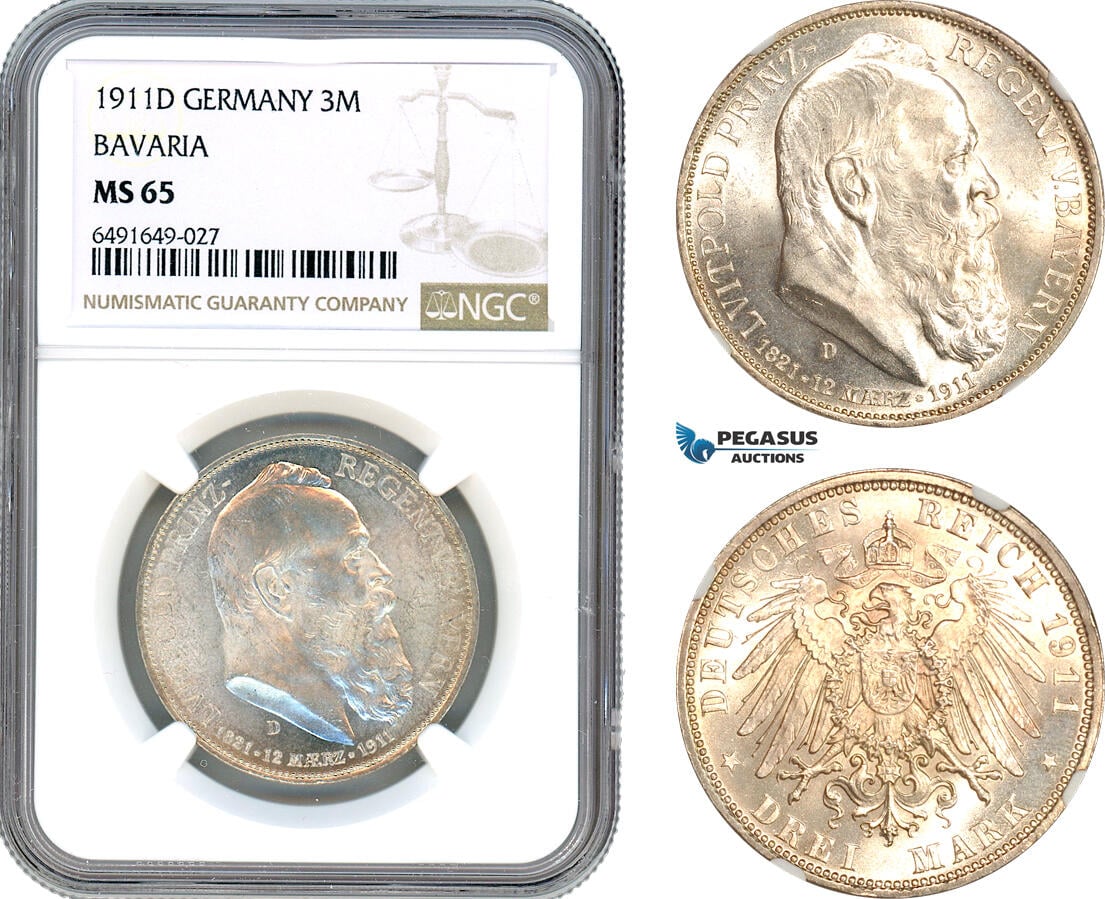 A7-232, Germany, Bavaria, Luitpold, Prince Regent, 3 Mark 1911 D, Munich Mint, Silver, J. 49, On his Birthday, Blast white! NGC MS65