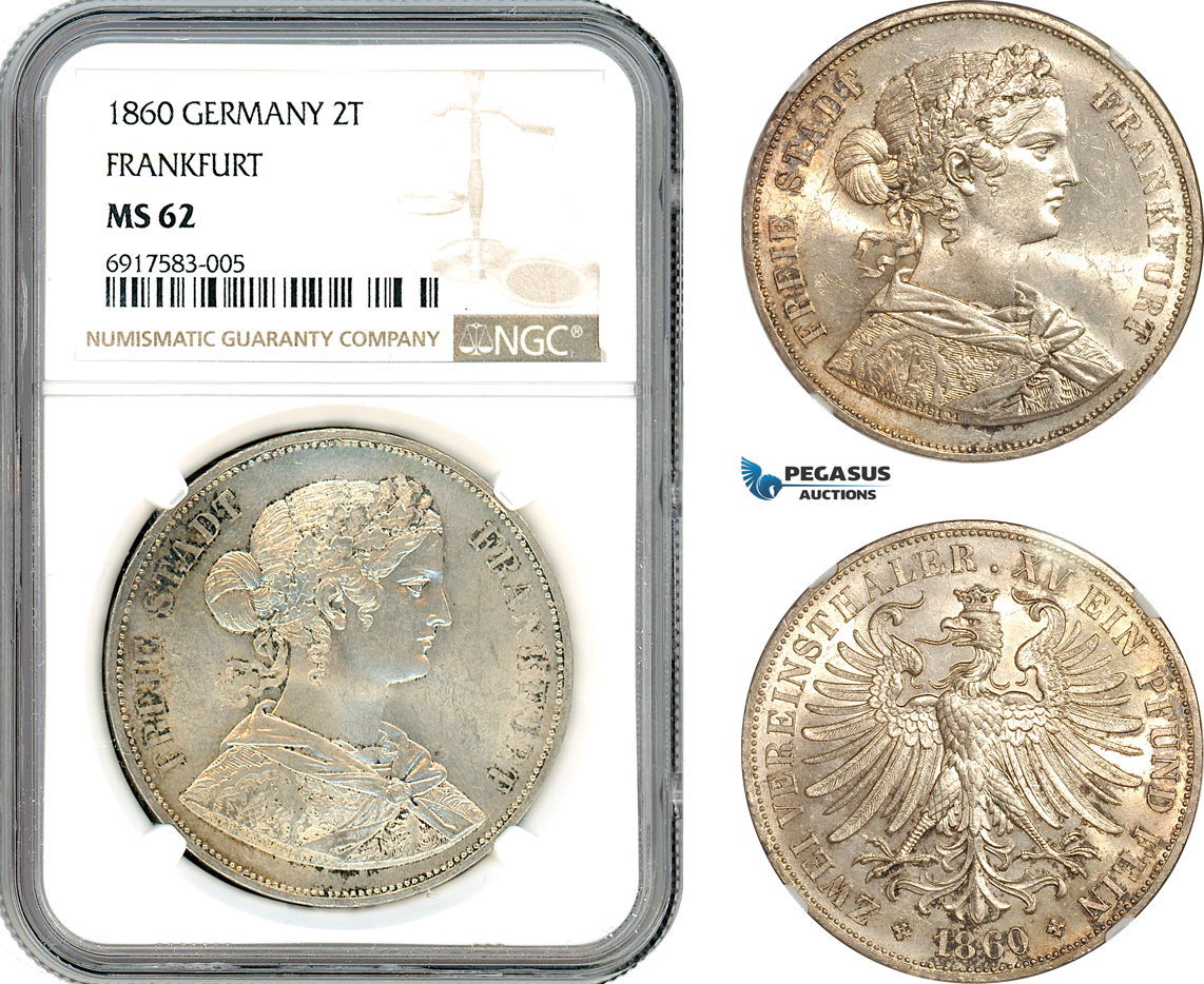 A10-232, Germany, Frankfurt Free City, 2 Taler 1860, Frankfurt Mint, Silver, Dav-651, Champagne toning, NGC MS62