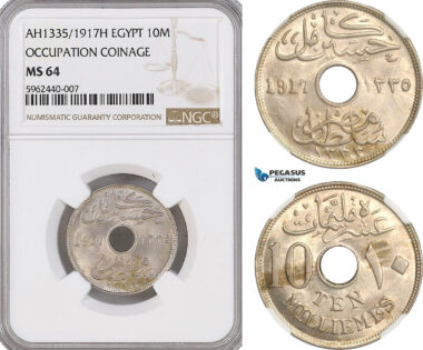 A5/259 Egypt, Occupation Coinage, 10 Milliemes AH1335 / 1917 H, Heaton Mint, KM# 316, NGC MS64