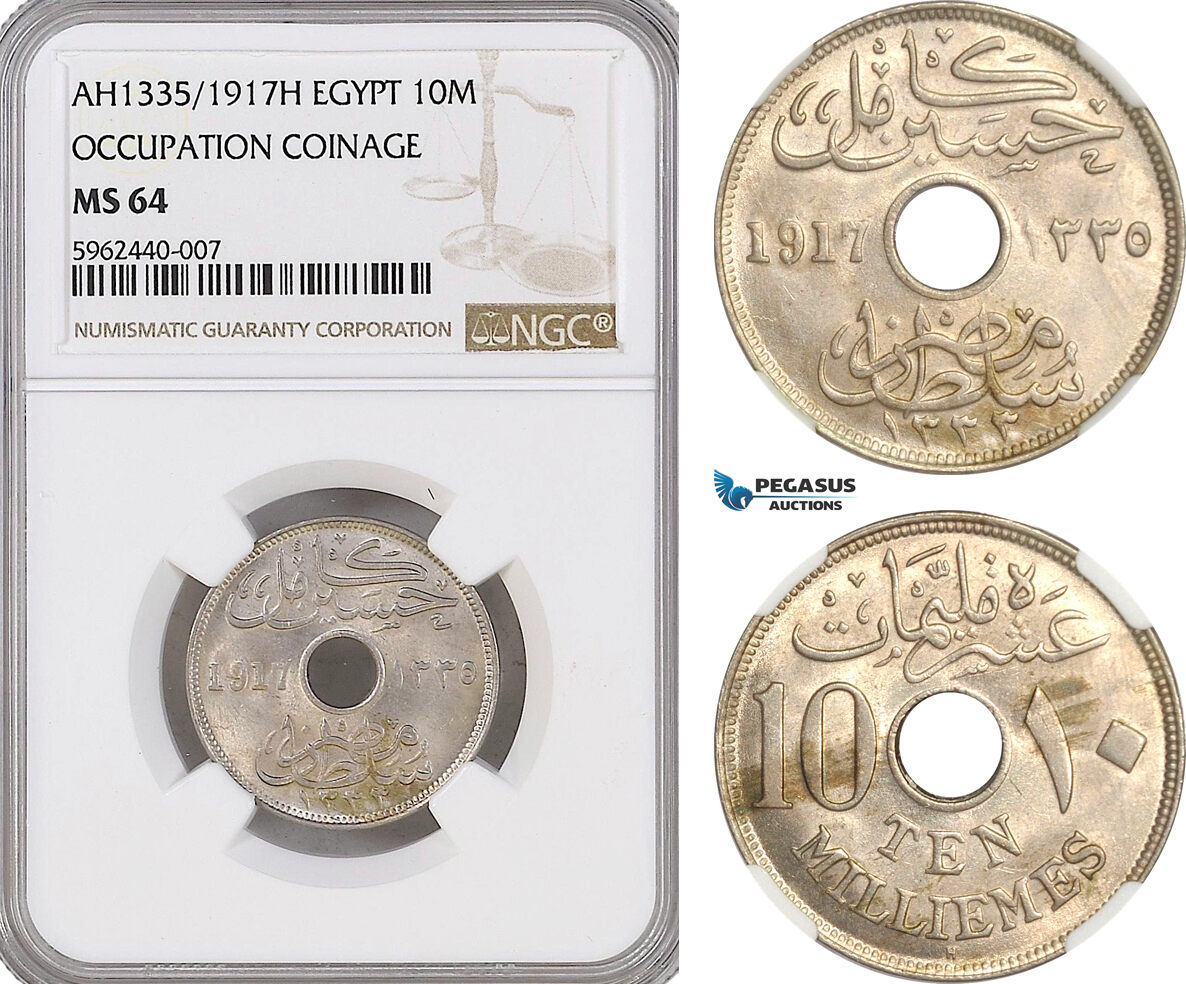 A5/259 Egypt, Occupation Coinage, 10 Milliemes AH1335 / 1917 H, Heaton Mint, KM# 316, NGC MS64