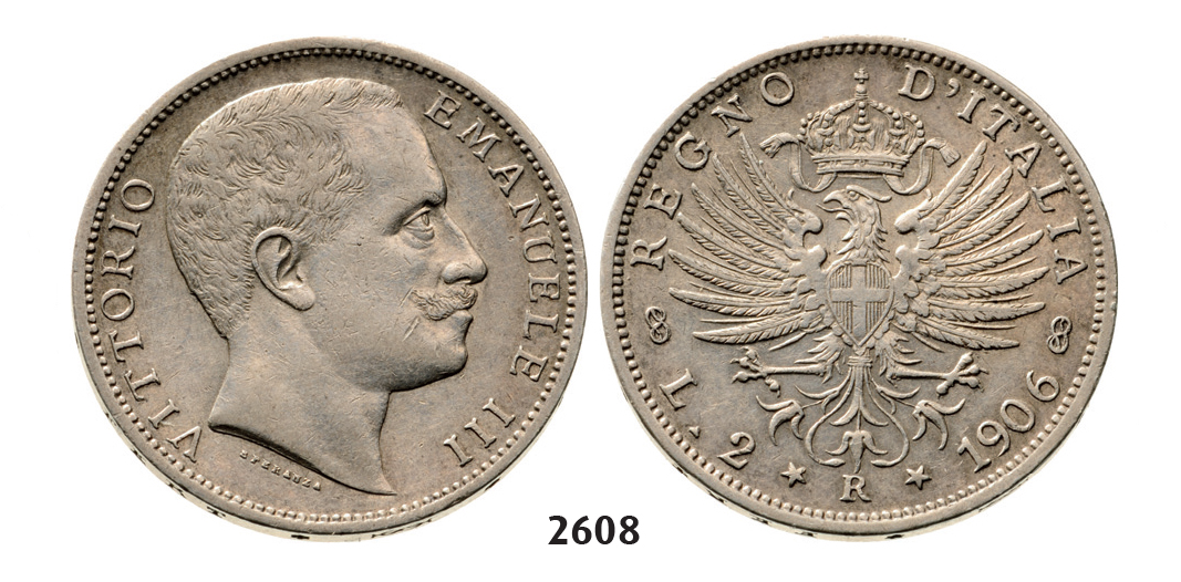 2608 Italy, Kingdom, Vittorio Emanuele III, 1900-1946, 2 Lire 1906-R, Rome, Silver