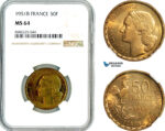 AL323, France, Fourth Republic, 50 Francs 1951 B, Beaumont-le-Roger Mint, NGC MS64