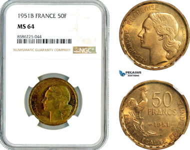 AL323, France, Fourth Republic, 50 Francs 1951 B, Beaumont-le-Roger Mint, NGC MS64