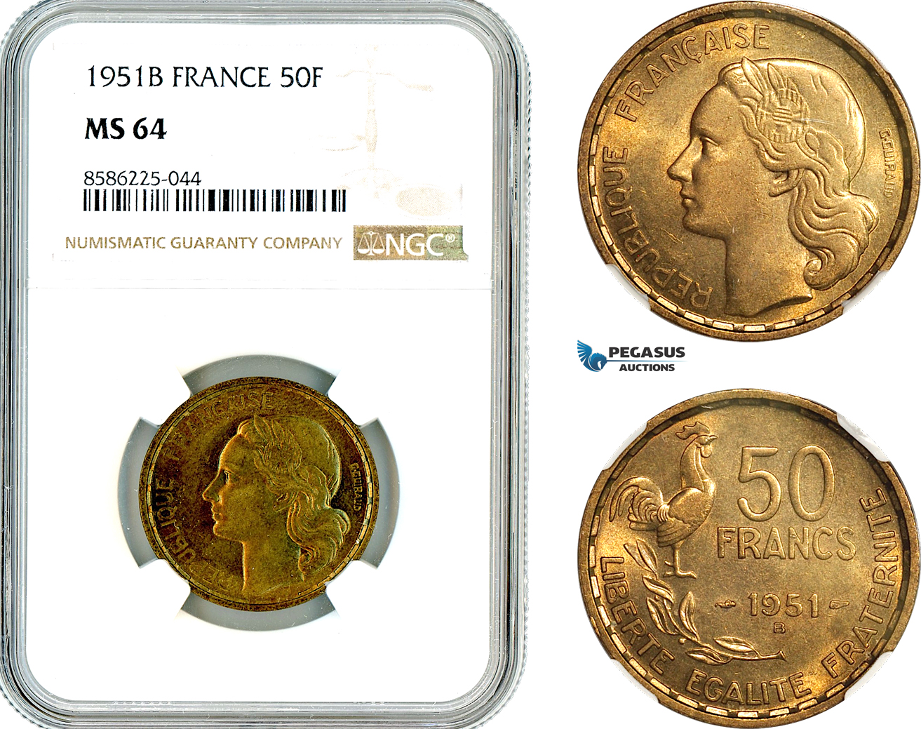 AL323, France, Fourth Republic, 50 Francs 1951 B, Beaumont-le-Roger Mint, NGC MS64