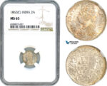 A7/326, India (British) Victoria, 2 Annas 1862 C, Calcutta Mint, Silver, KM# 469, Light amber toning! NGC MS65
