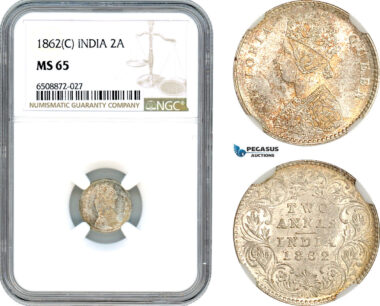 A7/326, India (British) Victoria, 2 Annas 1862 C, Calcutta Mint, Silver, KM# 469, Light amber toning! NGC MS65