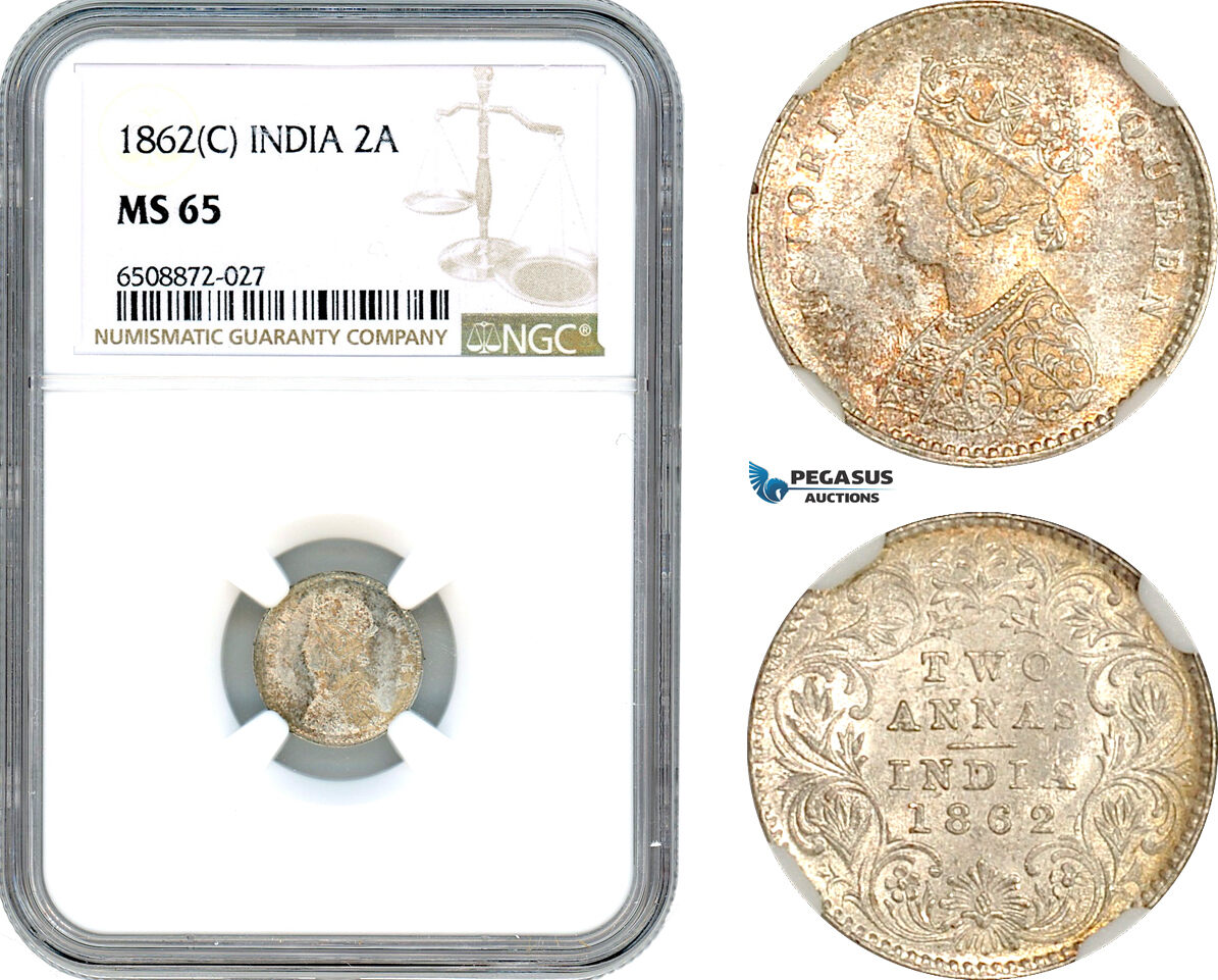 A7/326, India (British) Victoria, 2 Annas 1862 C, Calcutta Mint, Silver, KM# 469, Light amber toning! NGC MS65