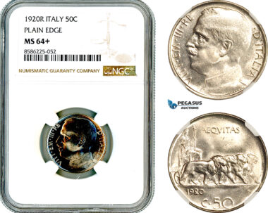 AL330, Italy, Vit. Emanuele III, 50 Centesimi 1920 R, Rome Mint, Plain edge, NGC MS64+