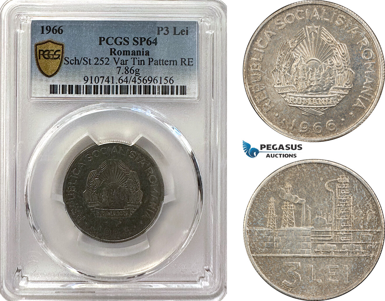A6/337, Romania, Socialist Republic, Pattern 3 Lei 1966, Bucharest Mint, Tin (7.86g) Reeded edge, Medal rotation, Schäffer/Stambuliu 252-Var., (Unpublished metal) PCGS SP64, Top Pop! Rare!