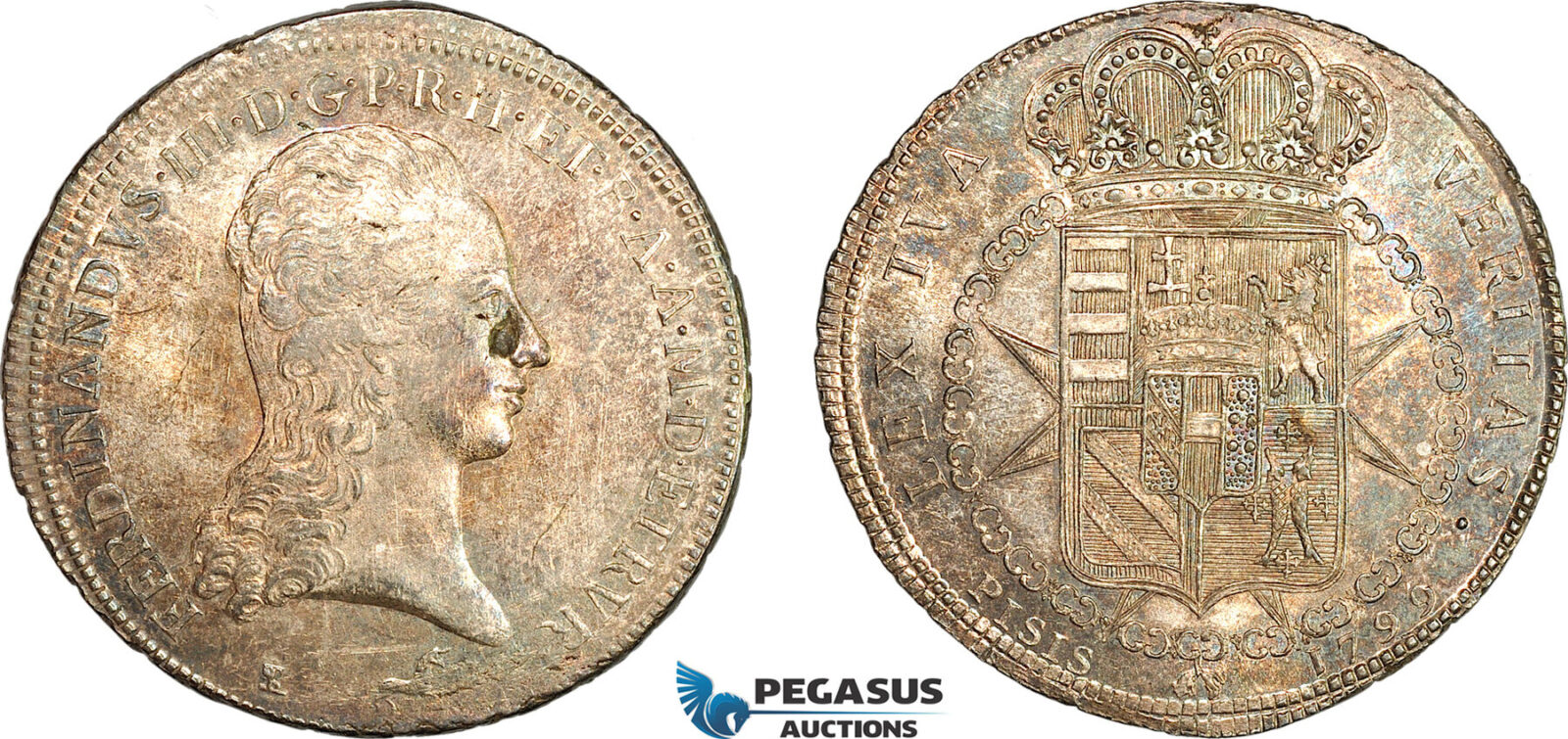 A7/349, Italy, Tuscany, Ferdinand III, 10 Paoli (Francescone) 1799, Florence Mint, Silver, MIR 405/8, Violet/green toning! EF-UNC