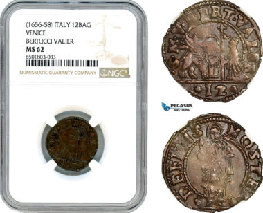 A7/351, Italy, Venice, Bertucci Valier, 12 Bagattini (Soldo) ND (1656-58) Pao. 22, NGC MS62, Top Pop! Single finest graded!