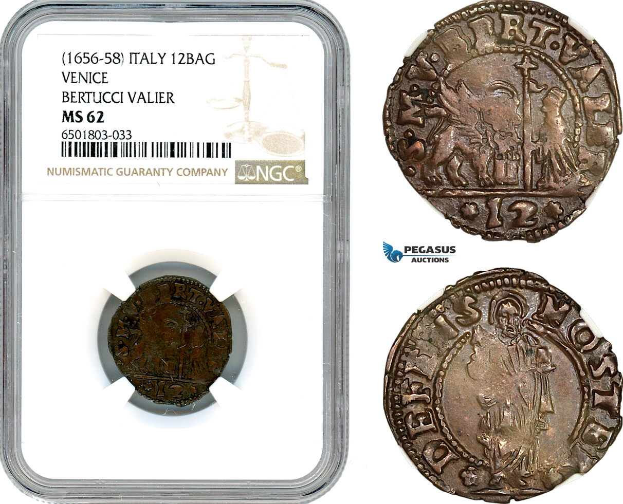 A7/351, Italy, Venice, Bertucci Valier, 12 Bagattini (Soldo) ND (1656-58) Pao. 22, NGC MS62, Top Pop! Single finest graded!