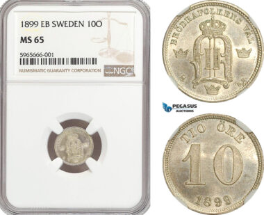 A6/484, Sweden, Oscar II, 10 Öre 1899 EB, Stockholm Mint, Silver, KM# 755, NGC MS65