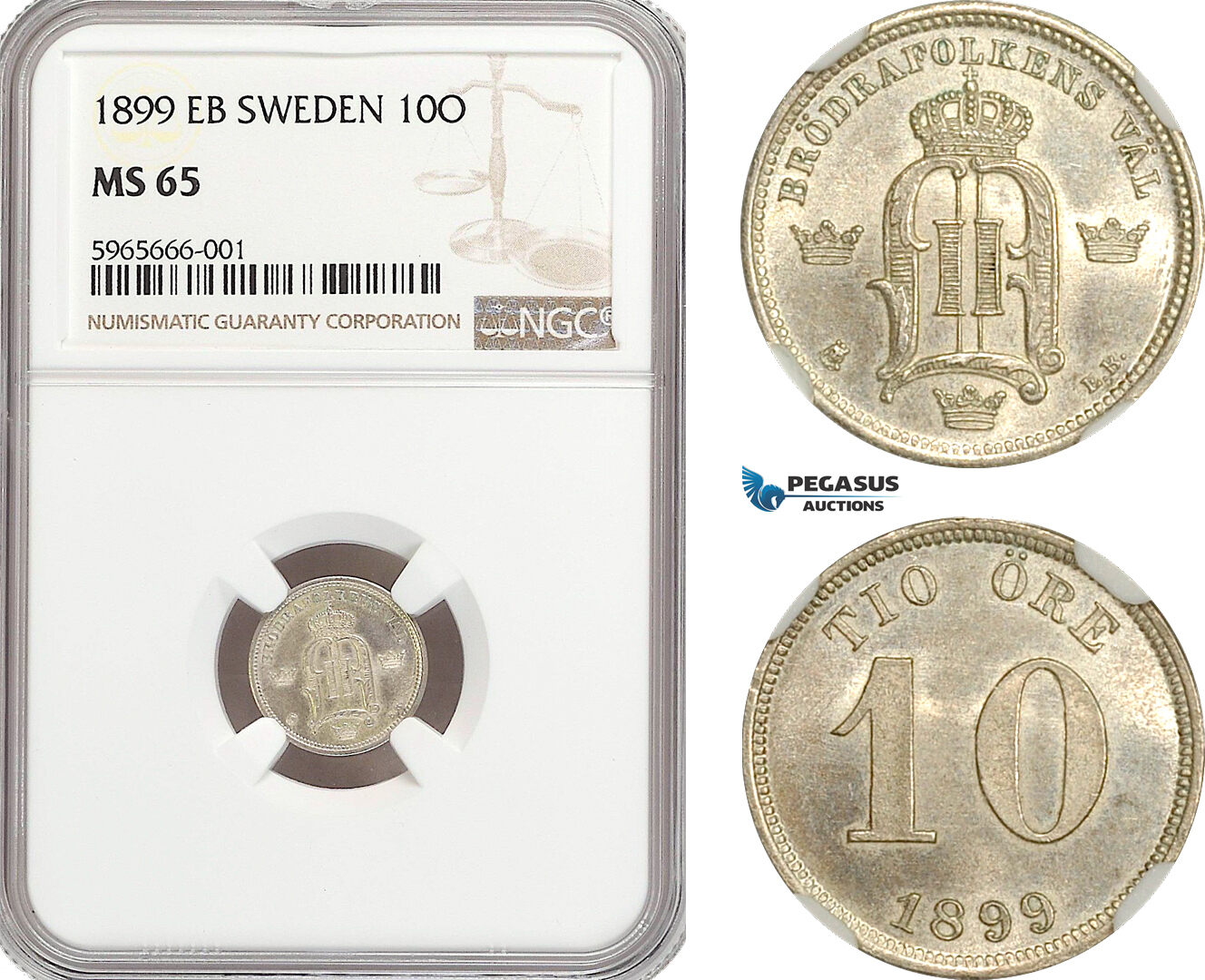 A6/484, Sweden, Oscar II, 10 Öre 1899 EB, Stockholm Mint, Silver, KM# 755, NGC MS65