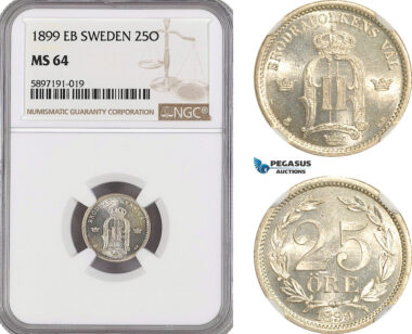 A6/490, Sweden, Oscar II, 25 Öre 1899 EB, Stockholm Mint, Silver, KM# 739, NGC MS64