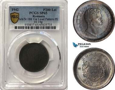 A7/542, Romania, Mihai I, Pattern 200 Lei 1942, Bucharest Mint, Lead (10.14g) Plain edge, Coin rotation, Schäffer/Stambuliu 188-Var., (Unpublished metal) Broad struck! PCGS SP65, Top Pop!