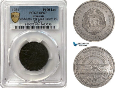 A7/555, Romania, Socialist Republic, Pattern 100 Lei 1984, Bucharest Mint, Lead (12.53g) Plain edge, Medal rotation, Schäffer/Stambuliu 266-Var., (Unpublished metal) PCGS SP67, Top Pop! Very Rare!