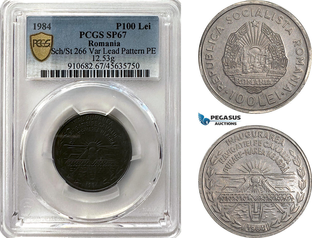 A7/555, Romania, Socialist Republic, Pattern 100 Lei 1984, Bucharest Mint, Lead (12.53g) Plain edge, Medal rotation, Schäffer/Stambuliu 266-Var., (Unpublished metal) PCGS SP67, Top Pop! Very Rare!