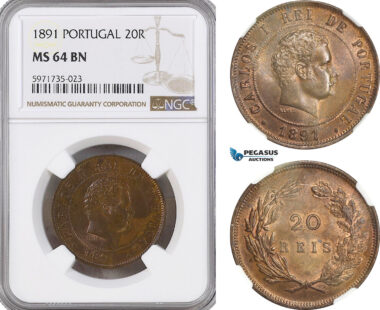 A5/751 Portugal, Carlos I, 20 Reis 1891, KM# 533, NGC MS64BN