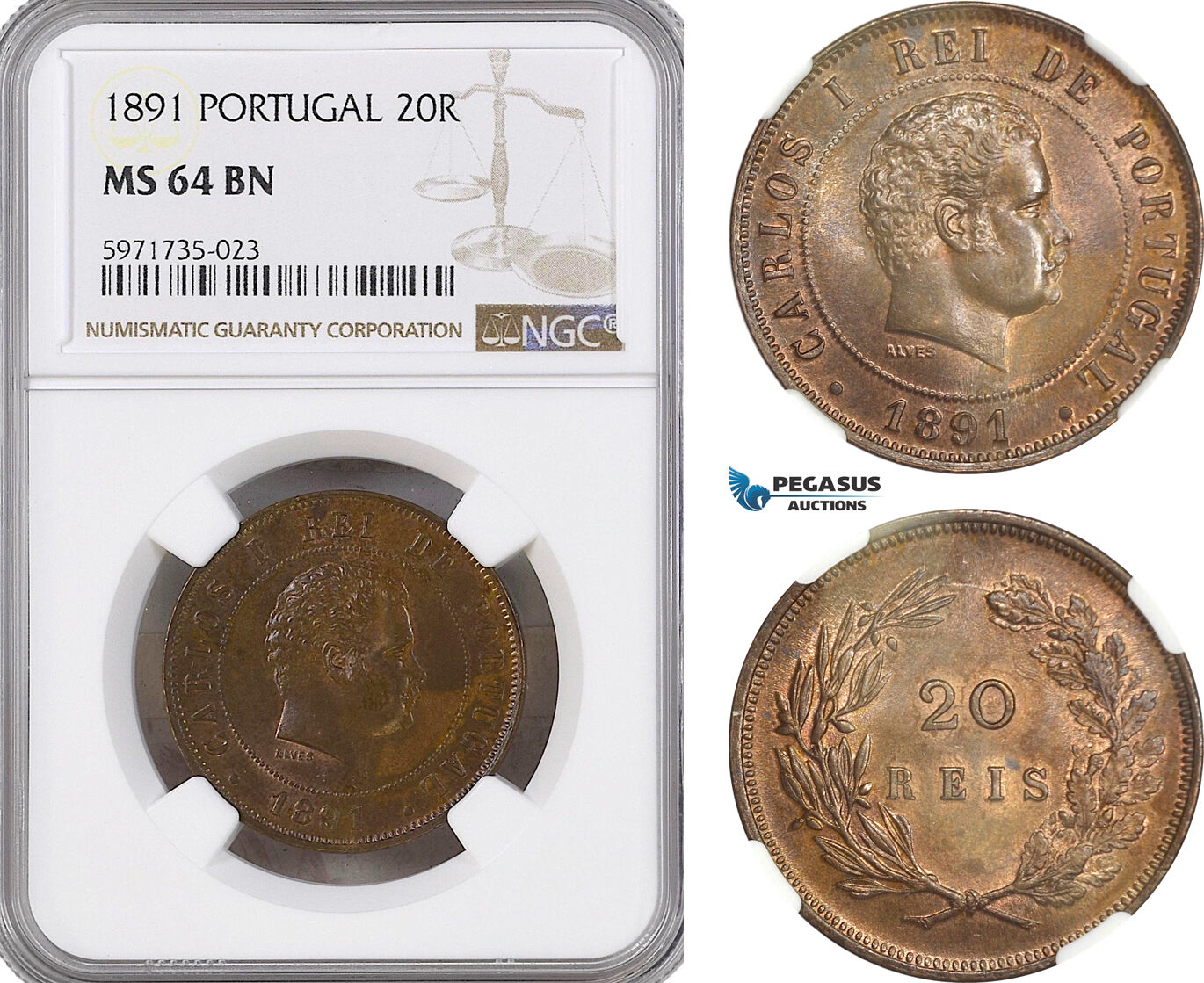 A5/751 Portugal, Carlos I, 20 Reis 1891, KM# 533, NGC MS64BN
