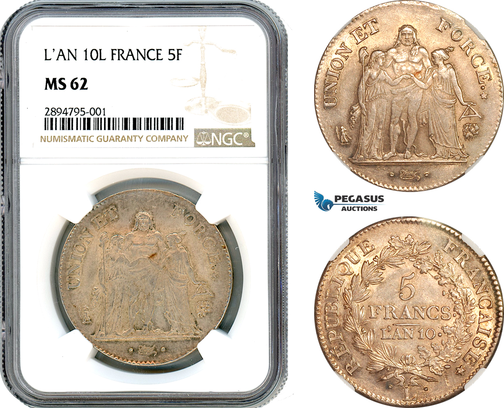 A10-198, France, Consulate, 5 Francs L'AN 10 L, Bayonne  Mint, Silver, Gad-563, Light toning, NGC MS62, Top Pop!