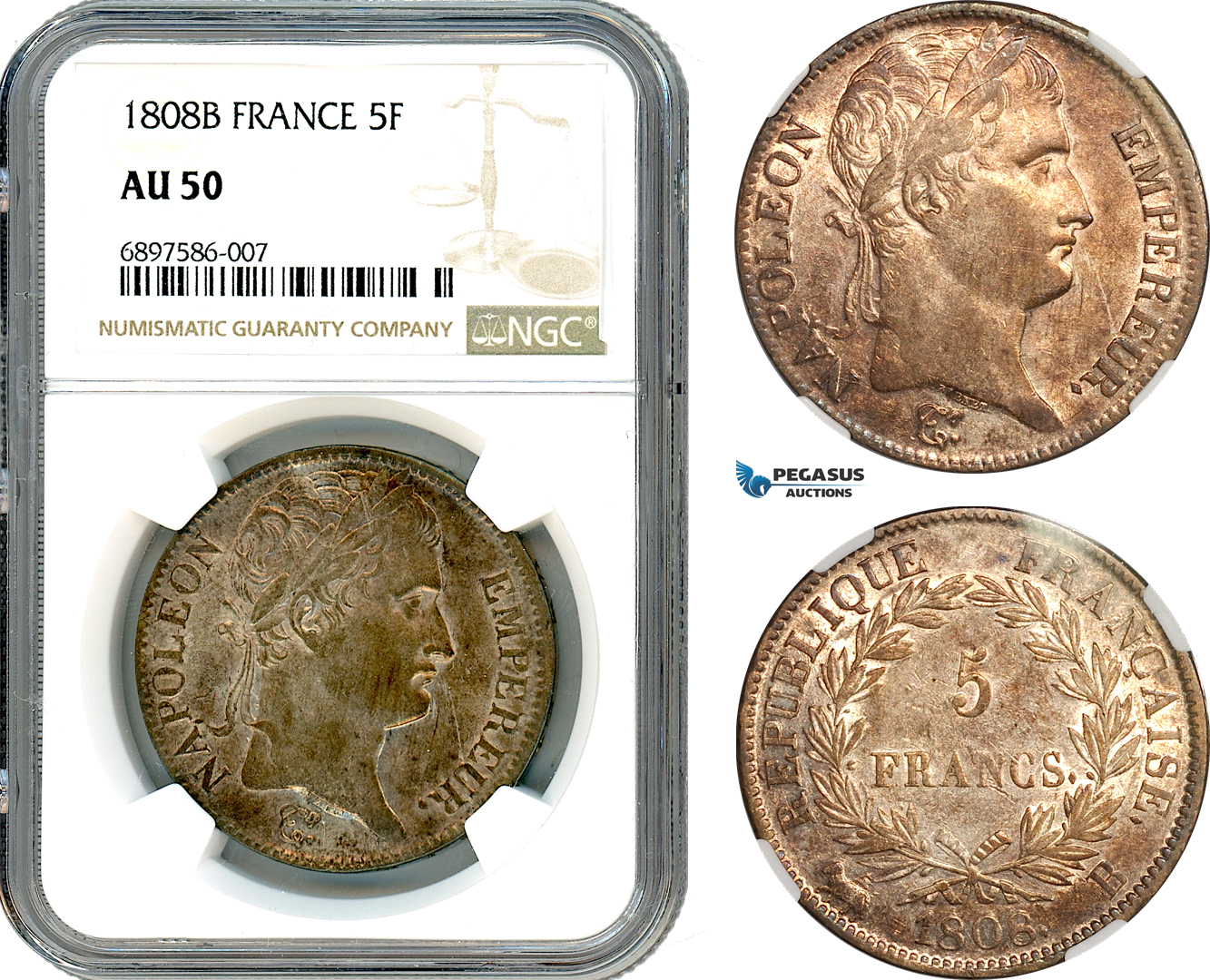 A10-202, France, Napoleon I, 5 Francs 1808 B, Rouen Mint, Silver, Gad-583, Old cabinet toning, NGC AU50