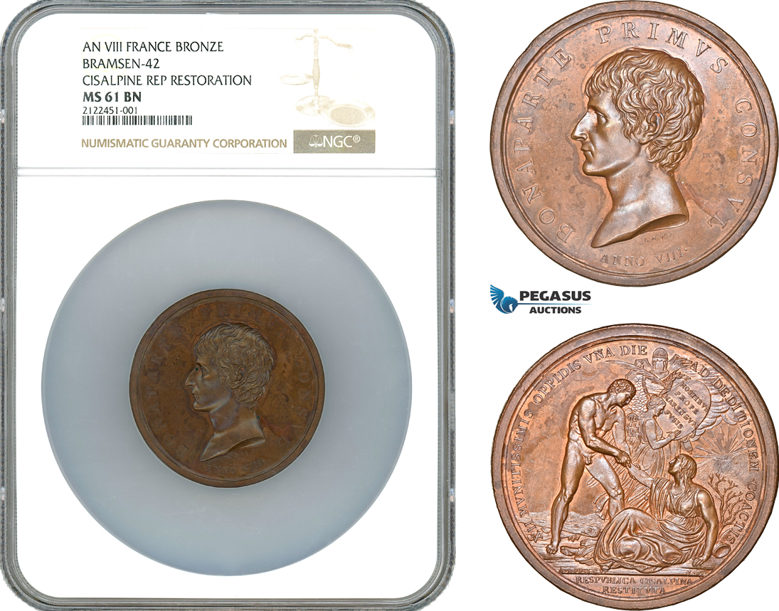 A10-209, France, Napoleon I, Bronze Medal AN VIII (1800), Cisalpine Republic Restoration, Bramsen-42, NGC MS61 BN, Top Pop and single finest graded!