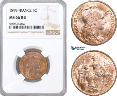 A10-222, France, Third Republic, 5 Centimes 1899, Paris Mint, NGC MS66 RB, Top Pop and single finest graded!