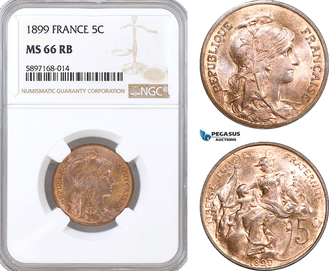 A10-222, France, Third Republic, 5 Centimes 1899, Paris Mint, NGC MS66 RB, Top Pop and single finest graded!
