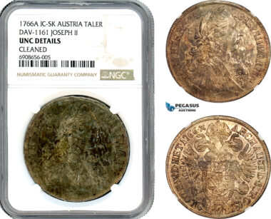 A10-23, Austria, Joseph II, Taler 1766 A IC-SK, Vienna Mint, Silver, Dav-1161, Mottled toning, NGC UNC Details "Cleaned"