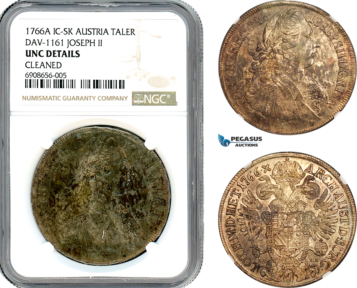 A10-23, Austria, Joseph II, Taler 1766 A IC-SK, Vienna Mint, Silver, Dav-1161, Mottled toning, NGC UNC Details "Cleaned"
