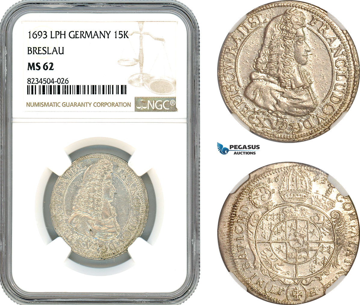 A10-230, Germany, Breslau, Franz Ludwig, 15 Kreuzer 1693 LPH, Silver, Kop-6950, Flashy with light toning, NGC MS62, Rare!