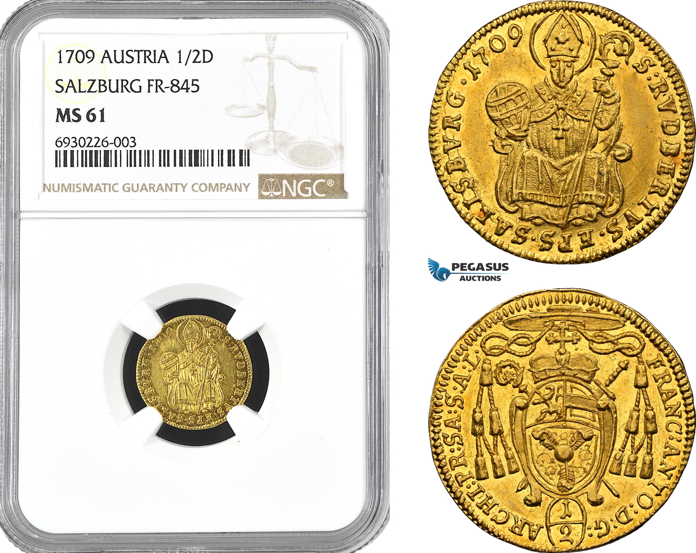 A10-39, Austria, Salzburg, Franz Anton Fürst von Harrach, 1/2 Ducat 1709, Gold (1.74g) Fr-846, NGC MS61