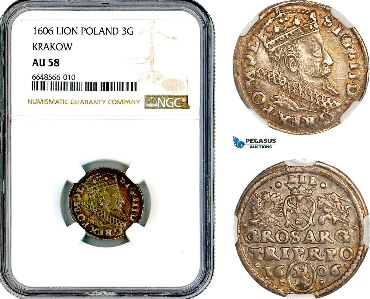 A10-446, Poland, Sigismund III, 3 Groschen (Trojak) 1606 (Lion), Krakow Mint, Silver, Iger K.06.3. R3, Amber toning, NGC AU58, Top Pop and single finest graded! Rare!