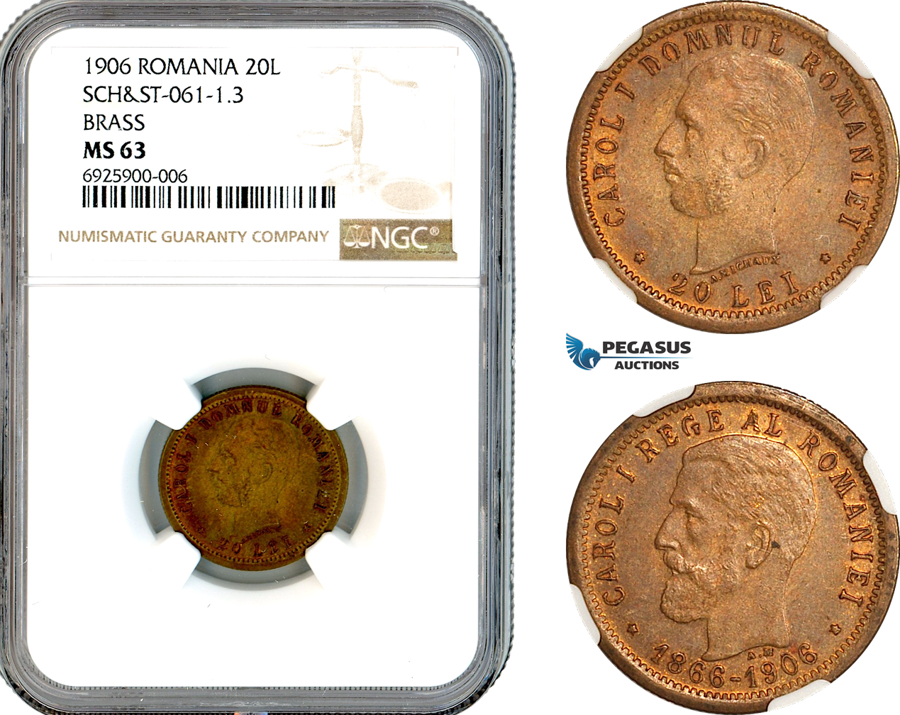 A10-499, Romania, Carol I, Pattern 20 Lei 1906 (40th Anniversary), Brussels Mint, Brass, Schäffer/Stambuliu 61-1.3, NGC MS63, Top Pop and single finest graded!
