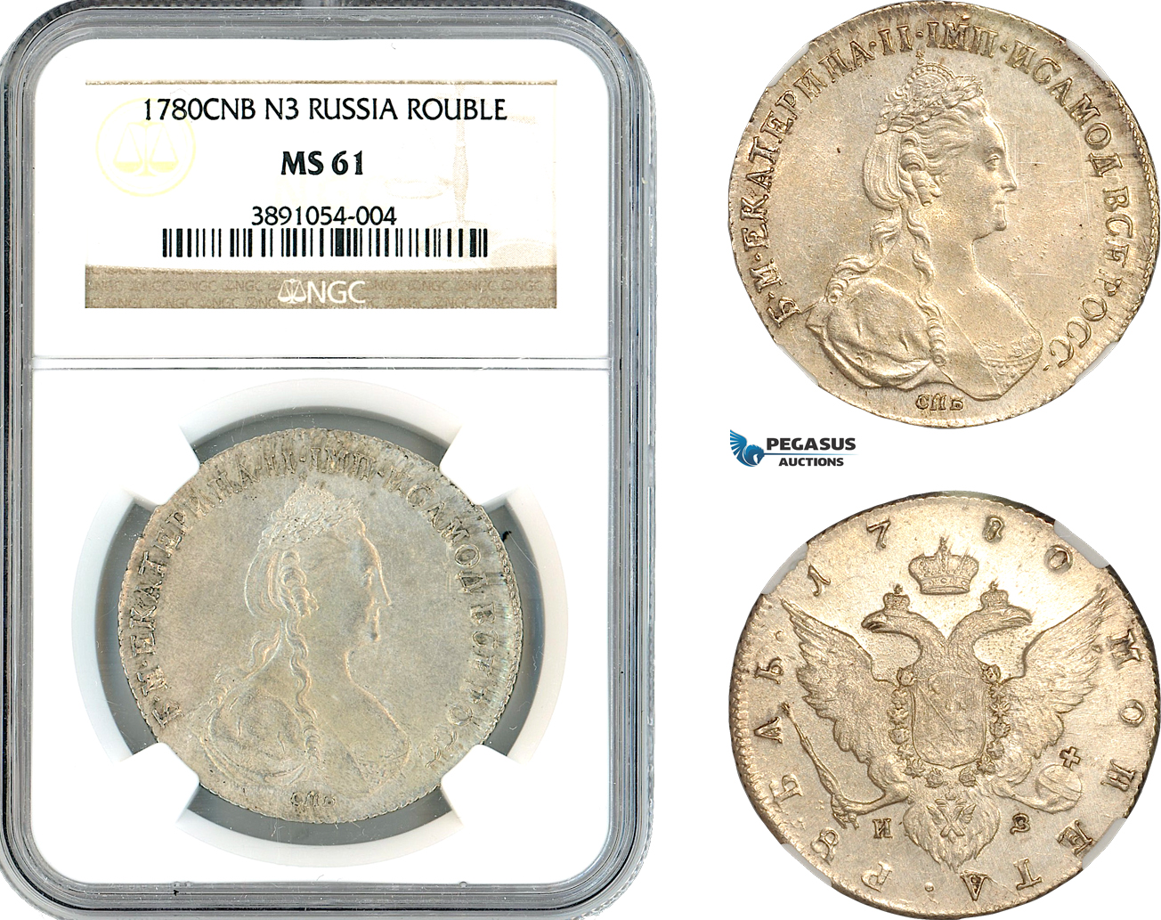 A10-531, Russia, Catherine II, Rouble 1780 СПБ ИЗ, St. Petersburg Mint, Silver, Bitkin# 228, Light toning, NGC MS61