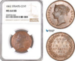 A10-705, Straits Settlements, Victoria, 1 Cent 1862, Calcutta Mint, Prid-1, NGC MS64 RB, Top Pop and single finest graded! Rare as such!