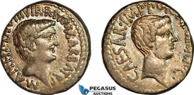 A11-001, Roman Republic, Marc Antony & Octavian, as Imperators and Triumvirs (ca. 43-33 BC). AR Denarius (3.89g) Ephesus Mint, B1 BC, Well centered, Nice green/grey toning & very lustrous, AU, Rare!