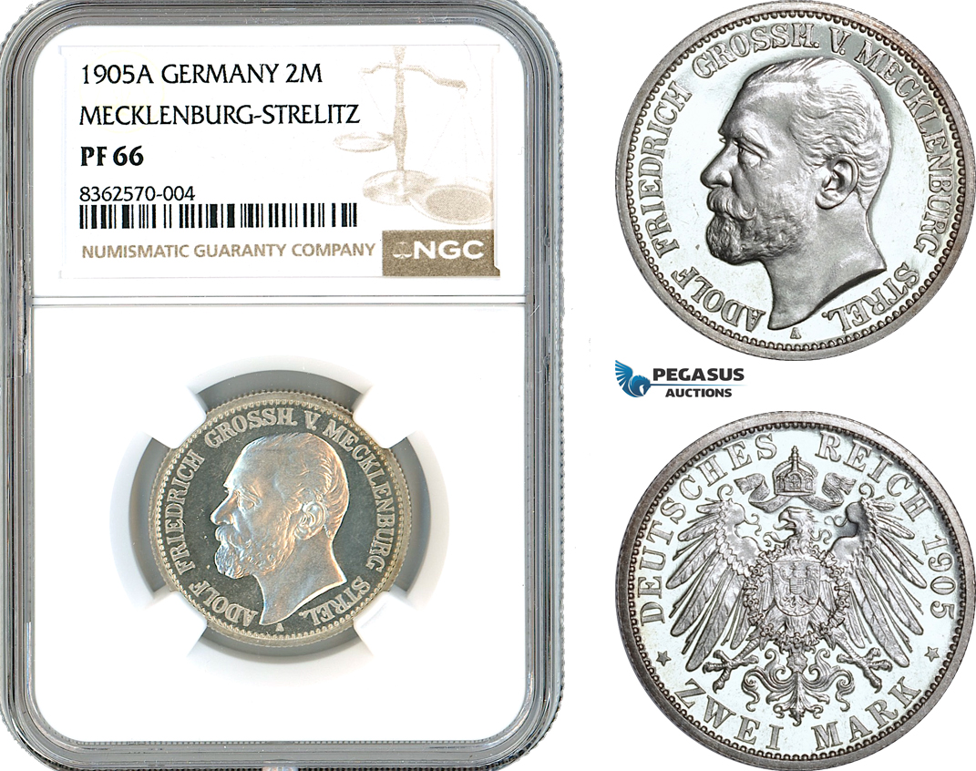 A11-213, Germany, Mecklenburg-Strelitz, Adolf Friedrich V, 2 Mark 1905 A, Berlin Mint, Silver, Jaeger 91, NGC PF66, Rare in this condition!